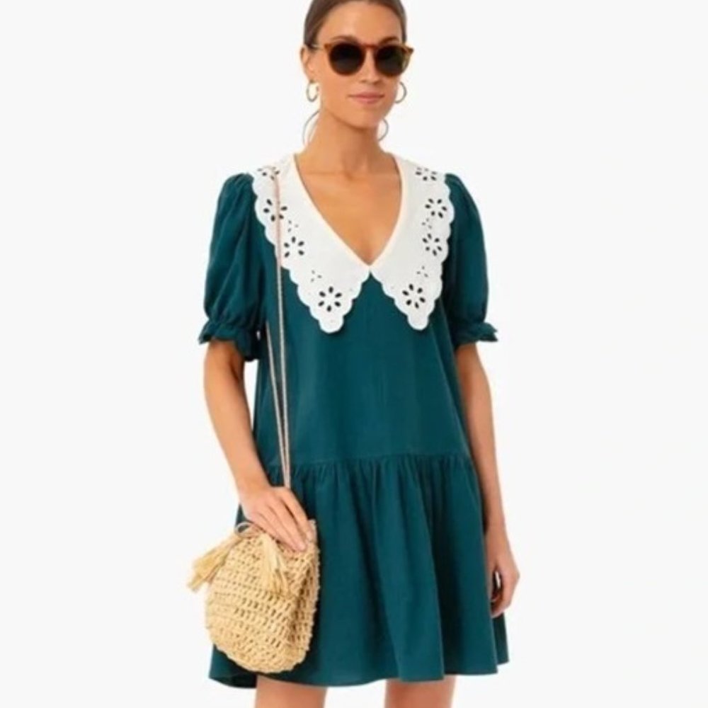 Pomander Place Tuckernuck Kit Mini Dress in Peacock Green with Ivory Collar